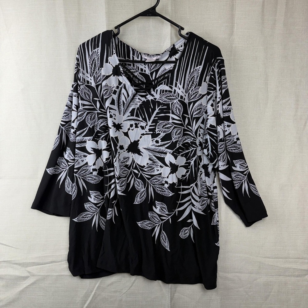 Allison‎ Daley Blouse Womens 2X Black Floral Strap V Neck 3/4 Sleeve Tunic Top